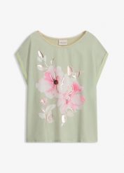 Bluzka z wstawką z tkaniny. Zielone bluzki damskie bonprix, bez wzorów, z satyny, eleganckie, bez kołnierzyka, bez ramiączek. Za 59.99 zł.