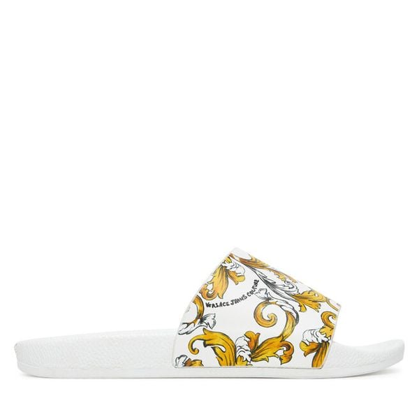 Klapki Versace Jeans Couture. Białe klapki damskie Versace Jeans Couture, bez wzorów, z jeansu, bez obcasa, bez zapięcia. Za 309.99 zł.