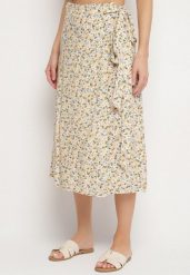Beżowa Spódnica Wiązana w Pasie w Kwiatowy Print Ellivella. Brązowe spódnice damskie Born2be, do pracy, bez wzorów, biznesowe, midi. Za 34.99 zł.