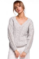 Lekki sweter damski ażurowy z dekoltem V splot w warkocz szary. Szare swetry klasyczne damskie Polskie swetry, l, z dzianiny, bez kołnierzyka. Za 245.00 zł.