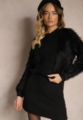 Czarny Sweter z Wełną o Fakturze Imitującej Pióra z Ozdobną Wstawką o Wzorzystym Splocie Mirirra. Czarne swetry klasyczne damskie Renee, z wełny, bez kołnierzyka. Za 54.99 zł.