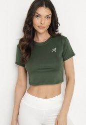 Ciemnozielony T-shirt Crop Top Ozdobiony Literką Koliviela. Zielone t-shirty damskie Born2be, l, z aplikacjami, z jeansu, bez kołnierzyka. Za 29.99 zł.