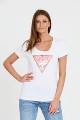 GUESS Biały t-shirt Satin Triangle Tee. Białe t-shirty damskie Guess, s, z aplikacjami, bez kołnierzyka. W wyprzedaży za 113.99 zł.