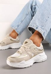 Beżowe Sneakersy z Siateczkowymi i Metalicznymi Wstawkami Telarisa. Brązowe obuwie sportowe damskie Renee, bez zapięcia. Za 89.99 zł.
