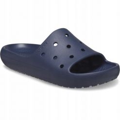 Klapki Dla Dorosłych Crocs Classic V2 Slide. Niebieskie klapki damskie Crocs, bez wzorów, z materiału, bez obcasa, bez zapięcia. Za 111.99 zł.