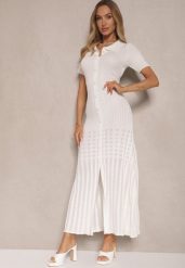 Biała Wiskozowa Sukienka z Guzikami i Kołnierzykiem Zdobiona Koronką Alanella. Białe sukienki damskie Renee, z aplikacjami, z koronki, eleganckie, bez ramiączek. Za 169.99 zł.