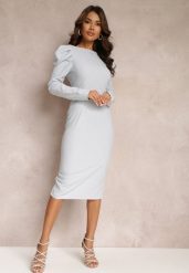 Niebieska Sukienka Taliowana z Bufiastym Rękawem Adarei. Niebieskie sukienki damskie Renee, bez wzorów, eleganckie, bez ramiączek. W wyprzedaży za 99.99 zł.