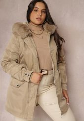 Beżowa Kurtka Parka Nylonowa Mivo. Brązowe kurtki damskie Renee, plus size, bez wzorów, z futra, bez kaptura. Za 219.99 zł.