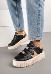 Czarne Sneakersy na Tłoczonej Platformie z Metalicznymi Ozdobami Eleanilia. Czarne obuwie sportowe damskie Renee, na lato, z jeansu, bez zapięcia. Za 99.99 zł.