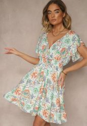 Jasnozielona Kwiatowa Kopertowa Sukienka z Bawełny Ulosiana. Zielone sukienki damskie Renee, bez wzorów, z bawełny, eleganckie, bez ramiączek. W wyprzedaży za 39.99 zł.