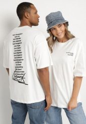 Biała Koszulka T-shirt z Nadrukiem z Przodu i na Plecach Ninarelia. Białe bluzki damskie Born2be, l, bez wzorów, bez kołnierzyka. Za 59.99 zł.
