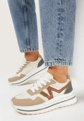 Ciemnobeżowe Sneakersy na Piankowej Podeszwie ze Sznurowaniem i Ozdobną Wstawką Taelori. Brązowe obuwie sportowe damskie Born2be, bez zapięcia. Za 109.99 zł.