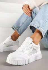 Białe Sneakersy na Platformie z Tłoczeniem Ozdobione Panterką i Perforacją Udivaya. Białe obuwie sportowe damskie Renee, na lato, z jeansu, bez zapięcia. Za 79.99 zł.