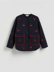 Bawełniana kurtka z haftem - granatowy. Niebieskie kurtki damskie Reserved, l, bez wzorów, z bawełny, bez kaptura. Za 279.99 zł.