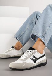Białe Sneakersy Ozdobione Geometrycznym Wzorem Arulia. Białe obuwie sportowe damskie Born2be, z jeansu, bez zapięcia, trekkingowe. Za 89.99 zł.