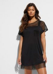 Tunika plażowa z lejącej wiskozy. Czarne tuniki damskie bonprix, na plażę, bez wzorów, z wiskozy, bez kołnierzyka, bez ramiączek. Za 104.99 zł.