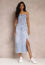 Niebieska Jeansowa Spódnica Maxi z Wysokim Stanem Elvi. Niebieskie spódnice damskie Renee, m, z aplikacjami, z jeansu, maxi. Za 119.99 zł.
