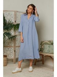 Lin Passion Lniana sukienka w kolorze błękitnym rozmiar: 40/42. Niebieskie sukienki damskie Lin Passion, bez wzorów, ze lnu, klasyczne, bez ramiączek. Za 135.81 zł.