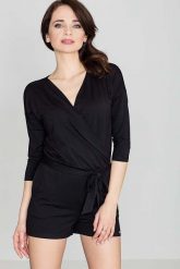 Czarny Dzianinowy Letni Kopertowy Kombinezon. Czarne kombinezony damskie Katrus, na lato, l, bez wzorów, z dzianiny, bez kołnierzyka, bez ramiączek. Za 219.00 zł.
