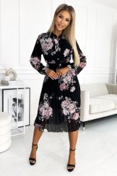 Plisowana Sukienka w Kwiaty Zapinana na Guziki - Róże na Czarnym Tle. Czarne sukienki damskie NUMOCO, bez wzorów, z materiału, wizytowe, bez ramiączek. Za 209.90 zł.