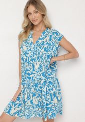 Niebieska Bawełniana Sukienka o Kroju Oversize w Ornamentny Wzór Izelona. Niebieskie sukienki damskie Born2be, bez wzorów, z bawełny, klasyczne, bez ramiączek. W wyprzedaży za 46.74 zł.
