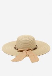 Beżowy Plażowy Kapelusz z Naturalnej Plecionki Ozdobiony Apaszką Anriophe. Brązowe kapelusze damskie Born2be, bez wzorów, eleganckie. Za 49.99 zł.