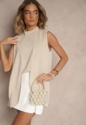 Beżowa Bluzka o Asymetrycznym Kroju Fadeselle. Brązowe bluzki damskie Renee, uniwersalny, bez wzorów, z asymetrycznym kołnierzem, bez ramiączek. Za 44.99 zł.