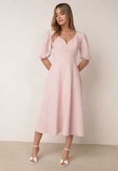 Różowa Elegancka Sukienka z Bufiastymi Rękawami i Wiązaniem na Plecach Zeepy. Czerwone sukienki damskie Born2be, bez wzorów, eleganckie, bez ramiączek. Za 249.99 zł.