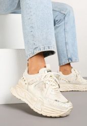 Beżowe Sneakersy na Platformie z Ozdobnym Tłoczeniem Lurine. Brązowe obuwie sportowe damskie Renee, z jeansu, bez zapięcia. Za 109.99 zł.
