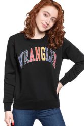 BLUZA WRANGLER REGULAR SWEAT BLACK W6N2HA100 112130785. Czarne bluzy damskie Wrangler, xs, bez wzorów, bez kaptura. W wyprzedaży za 69.99 zł.