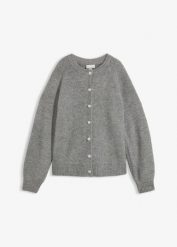 Sweter rozpinany z guzikami w kształcie serca. Szare kardigany damskie bonprix, bez wzorów. Za 124.99 zł.
