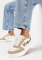 Ciemnobeżowe Sneakersy na Grubej Podeszwie z Ozdobnymi Wstawkami i Sercem Wellesa. Brązowe obuwie sportowe damskie Born2be, bez zapięcia. Za 59.99 zł.