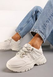 Beżowe Sneakersy na Grubej Podeszwie z Cyrkoniami na Sznurówkach Askira. Brązowe obuwie sportowe damskie Born2be, bez zapięcia. Za 109.99 zł.