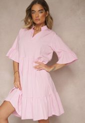 Różowa Rozkloszowana Sukienka z Wiskozą i Falbanami Eviranna. Czerwone sukienki damskie Renee, bez wzorów, z wiskozy, eleganckie, bez ramiączek. W wyprzedaży za 50.99 zł.