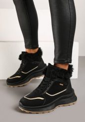 Czarne Trapery Sneakersy na Płaskiej Podeszwie Ozdobione Futerkiem i Metaliczną Wstawką Delaviel. Czarne obuwie sportowe damskie Renee, z futra, bez zapięcia. Za 129.99 zł.