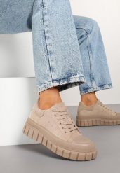 Ciemnobeżowe Sneakersy Vices na Grubej Tłoczonej Podeszwie z Perforacją Lealita. Brązowe obuwie sportowe damskie Born2be, z jeansu, bez zapięcia. Za 79.99 zł.