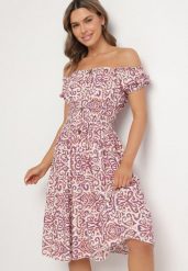 Fioletowa Sukienka z Bawełny w Ornamentalny Wzór z Gumką w Pasie Natirissa. Fioletowe sukienki damskie Born2be, bez wzorów, z bawełny, eleganckie, bez ramiączek. Za 69.99 zł.
