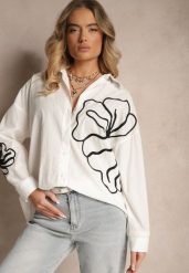 Biała Koszula z Bawełny z Ozdobną Aplikacją z Kwiatami Frolreia. Białe koszule damskie Renee, z aplikacjami, z bawełny, eleganckie, bez kołnierzyka, bez ramiączek. Za 74.99 zł.