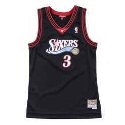 Damska koszulka nba Philadelphia 76ers Allen Iverson. Czarne koszulki damskie Mitchell & Ness, bez wzorów, z poliesteru, bez kołnierzyka, bez ramiączek. Za 457.50 zł.