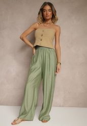 Zielone Spodnie Palazzo High Waist z Szeroką Nogawką i Gumką w Talii Jenarielis. Zielone spodnie materiałowe damskie Renee, bez wzorów, z jeansu. Za 69.99 zł.