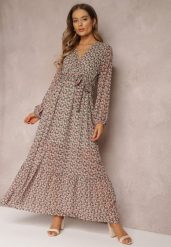Zielono-Czerwona Sukienka Kopertowa z Falbanką i Wiązanym Paskiem Gjerana. Zielone sukienki damskie Renee, bez wzorów, eleganckie, bez ramiączek. W wyprzedaży za 119.99 zł.