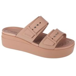 Klapki damskie Crocs Brooklyn Low Wedge. Brązowe klapki damskie Crocs, bez wzorów, z materiału, bez obcasa, bez zapięcia. W wyprzedaży za 209.20 zł.