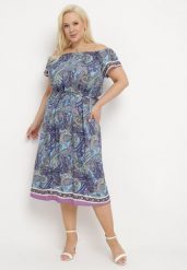 Niebieska Bawełniana Sukienka Hiszpanka ze Sznurkiem w Talii i Wzorem Paisley Anneipa. Niebieskie sukienki damskie Born2be, bez wzorów, z bawełny, bez ramiączek. Za 79.99 zł.