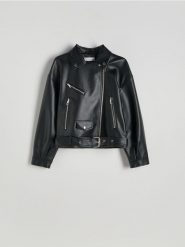 Kurtka biker z paskiem - czarny. Czarne kurtki damskie Reserved, l, bez wzorów, ze skóry, bez kaptura. W wyprzedaży za 119.99 zł.