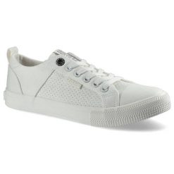 Trampki damskie Big Star, z materiałową cholewką perforowanym panelem bocznym wiązaniem na oczka i gumowanym noskiem, białe, HH274017. Białe trampki damskie Big Star, bez wzorów, z gumy, bez zapięcia. Za 99.99 zł.