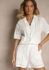 Białe Szorty z Bawełny High Waist Ozdobione Geometrycznym Wzorem Galessira. Białe szorty damskie Renee, bez wzorów, z bawełny, z podwyższonym stanem. Za 54.99 zł.