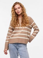 Pieces Sweter "Sia" w kolorze beżowo-białym rozmiar: S. Brązowe swetry klasyczne damskie Pieces, s, z wiskozy, bez kołnierzyka. Za 57.06 zł.
