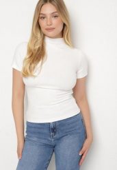 Biały Dopasowany T-shirt z Wiskozy z Golfem Isovera. Białe golfy damskie Born2be, m, z aplikacjami, z materiału, bez ramiączek. Za 49.99 zł.