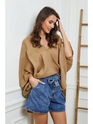 Fleur de Lin Lniana bluzka w kolorze jasnobrązowym rozmiar: XL. Brązowe bluzki damskie Fleur de Lin, xl, bez wzorów, ze lnu, z asymetrycznym kołnierzem, bez ramiączek. Za 165.99 zł.