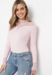 Jasnoróżowy Golf z Przeźroczystymi Wstawkami Faelis. Czerwone golfy damskie Born2be, z aplikacjami, z dzianiny, bez ramiączek. Za 54.99 zł.